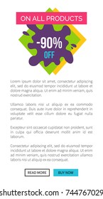 90 percent off on all products with sign on paint blot and sample text underneath Internet page template with buttons vector illustration.