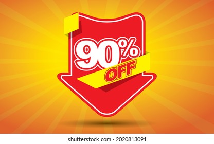 90 percent off on a red arrow and yellow background.