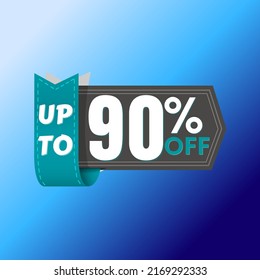 90% percent off, with online discount label design, UP to, icon in black and cyan flag and blue background, Big sale