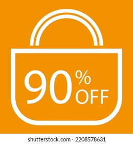 90 percent off. Orange banner with shopping bag illustration.