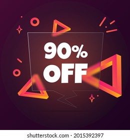 90% de descuento. Banner de burbuja de voz con 90 por ciento de texto fuera de línea. Estilo de glasmorfismo. Para negocios, marketing y publicidad. Vector de fondo aislado. EPS 10.