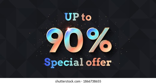 90 Percent Offer Background with shining numbers on black background. Sale banner template design. New Year, Black Friday holiday seasonal discount template