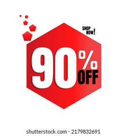 90% percent off(offer), with red pentagon shaped discount icon design, shop now. vector illustration