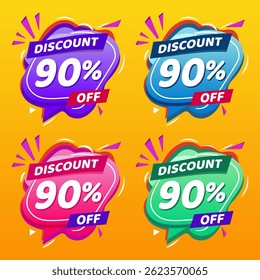 Design de banner com desconto promocional de 90% com balões coloridos e fundo amarelo para promoções de vendas, ofertas e marketing