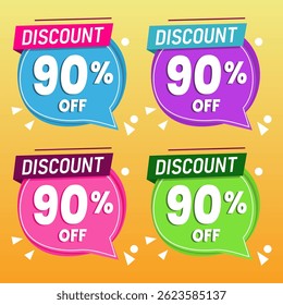 Design de banner com desconto promocional de 90% com balões coloridos e fundo amarelo para promoções de vendas, ofertas e marketing