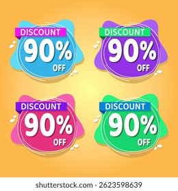 Design de banner com desconto promocional de 90% com balões coloridos e fundo amarelo para promoções de vendas, ofertas e marketing