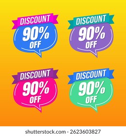Design de banner com desconto promocional de 90% com balões coloridos e fundo amarelo para promoções de vendas, ofertas e marketing