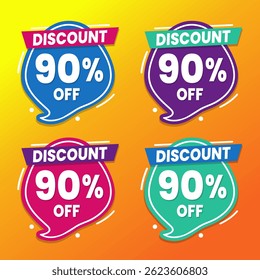 Design de banner com desconto promocional de 90% com balões coloridos e fundo amarelo para promoções de vendas, ofertas e marketing