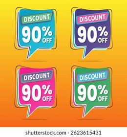 Design de banner com desconto promocional de 90% com balões coloridos e fundo amarelo para promoções de vendas, ofertas e marketing