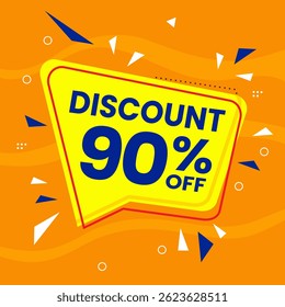 Design de banner com desconto promocional de 90% com balão amarelo e fundo laranja para promoções de vendas, ofertas e marketing