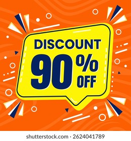 Design de banner com desconto promocional de 90% com balão amarelo e fundo laranja para promoções de vendas, ofertas e marketing
