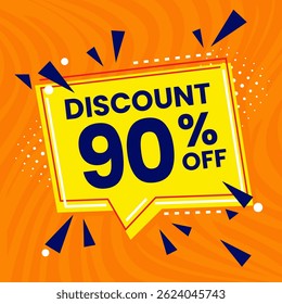 Design de banner com desconto promocional de 90% com balão amarelo e fundo laranja para promoções de vendas, ofertas e marketing