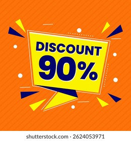 Design de banner com desconto promocional de 90% com balão amarelo e fundo laranja para promoções de vendas, ofertas e marketing