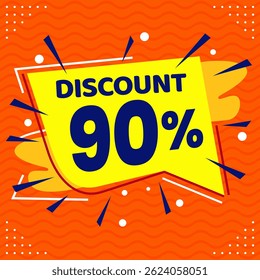 Design de banner com desconto promocional de 90% com balão amarelo e fundo laranja para promoções de vendas, ofertas e marketing