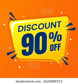 Design de banner com desconto promocional de 90% com balão amarelo e fundo laranja para promoções de vendas, ofertas e marketing