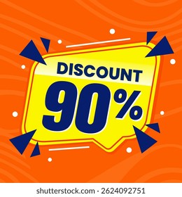 Design de banner com desconto promocional de 90% com balão amarelo e fundo laranja para promoções de vendas, ofertas e marketing
