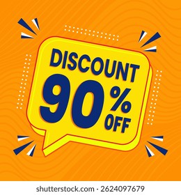 Design de banner com desconto promocional de 90% com balão amarelo e fundo laranja para promoções de vendas, ofertas e marketing