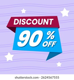 Design de banner com desconto promocional de 90% com balão azul e fundo roxo para promoções de vendas, ofertas e marketing