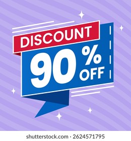 Design de banner com desconto promocional de 90% com balão azul e fundo roxo para promoções de vendas, ofertas e marketing