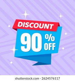 Design de banner com desconto promocional de 90% com balão azul e fundo roxo para promoções de vendas, ofertas e marketing