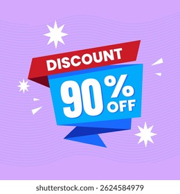Design de banner com desconto promocional de 90% com balão azul e fundo roxo para promoções de vendas, ofertas e marketing