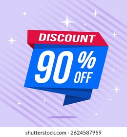 Design de banner com desconto promocional de 90% com balão azul e fundo roxo para promoções de vendas, ofertas e marketing