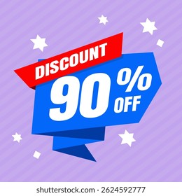 Design de banner com desconto promocional de 90% com balão azul e fundo roxo para promoções de vendas, ofertas e marketing
