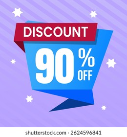 Design de banner com desconto promocional de 90% com balão azul e fundo roxo para promoções de vendas, ofertas e marketing