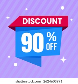 Design de banner com desconto promocional de 90% com balão azul e fundo roxo para promoções de vendas, ofertas e marketing