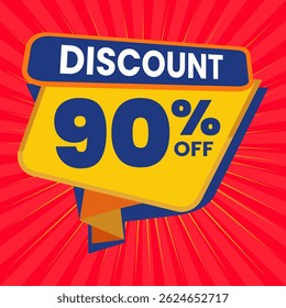 Design de banner com desconto promocional de 90% com balão amarelo e fundo vermelho para promoções de vendas, ofertas e marketing