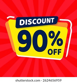 Design de banner com desconto promocional de 90% com balão amarelo e fundo vermelho para promoções de vendas, ofertas e marketing