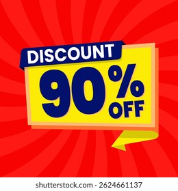 Design de banner com desconto promocional de 90% com balão amarelo e fundo vermelho para promoções de vendas, ofertas e marketing