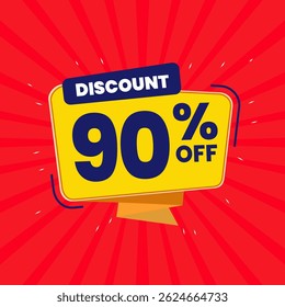 Design de banner com desconto promocional de 90% com balão amarelo e fundo vermelho para promoções de vendas, ofertas e marketing