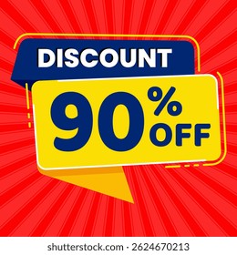Design de banner com desconto promocional de 90% com balão amarelo e fundo vermelho para promoções de vendas, ofertas e marketing