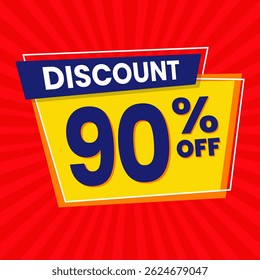 Design de banner com desconto promocional de 90% com balão amarelo e fundo vermelho para promoções de vendas, ofertas e marketing
