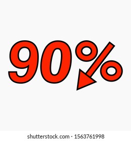 The 90 percent reduction icon is red.  Price drop. Interest rate reduction. Stock symbol. Discount. Markdown of goods. Bonus discount. Vector icon.