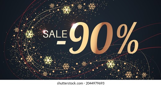 90 Percent Sale Background with golden shiny numbers and snowflakes on black. New Year, Christmas and Black Friday holiday discount design template. Seasonal promotion poster