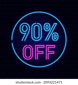 90 percent SALE glowing neon lamp sign. Vector illustration.