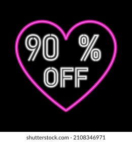 90 percent SALE glowing neon lamp sign. Vector illustration.