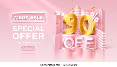 90 percent Special offer mega sale, golden confetti, podium and gift box. Sale banner and poster. Vector illustration.
