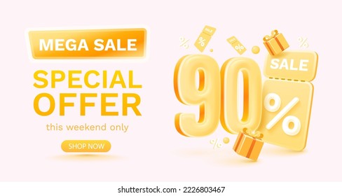 90 percent Special offer mega sale, Check and gift box. Sale banner and poster. Vector illustration.