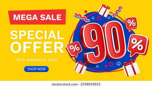 90 percent Special offer mega sale, Check and gift box. Sale banner and poster. Vector illustration.