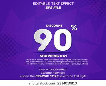 90 percent text effect, font editable, typography, 3d text. vector template