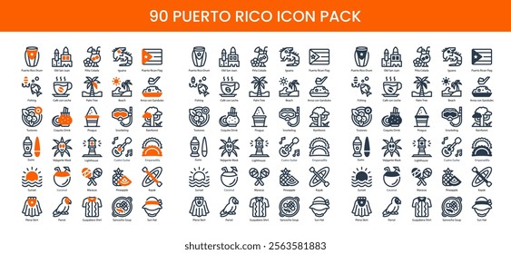 90 Puerto Rico Icons in 3 Styles (Line, Solid, Two-Tone), Featuring Arroz con Gandules, Café con Leche, Coquito Drink, and More – Vector Illustrations