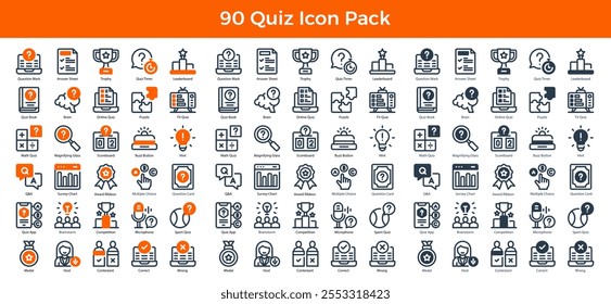 90 Quiz Icons in 3 Styles (Line, Solid, Two-Tone), Featuring Buzz Button, Math Quiz, Multiple Choice, and More – Vector Illustrations