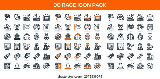 90 Race Icons in 3 Styles (Line, Solid, Two-Tone), Featuring Checkered Flag, Engine, Fuel Canister, and More – Vector Illustrations