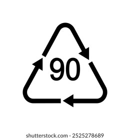 Código de reciclagem 90 em forma triangular com setas. Ícone de plástico ou alumínio reutilizável isolado no fundo branco. Conceito de proteção ambiental. Ilustração gráfica vetorial.