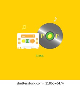 the 90 retro music orange and lemon cassette tape and vinyl record logo label icon sticker,flat vector illustration cartoon design isolated minimal