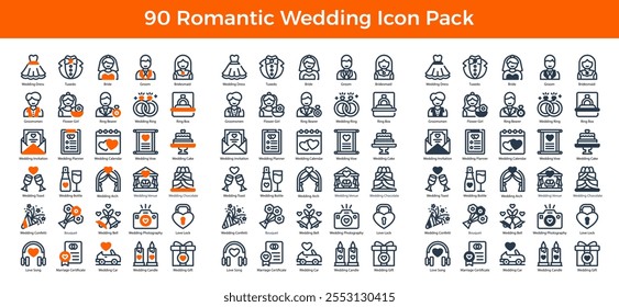 90 Romantic Wedding Icons in 3 Styles (Line, Solid, Two-Tone), Bouquet, Bride, Groom, and More – Vector Illustrations