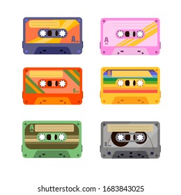 90 s disco dance audio cassette, player record tape. pattern with a retro tape cassette. 